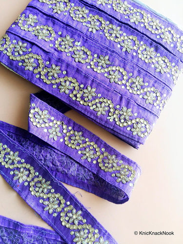 Purple And Silver Thread Embroidery Kundan Work One Yard Lace Trim 40mm Wide - 200317L523